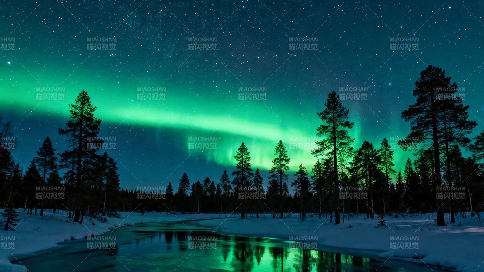 极光映雪夜 绿光舞林间图片