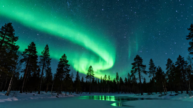 极光舞雪夜 星辉映林湖图片