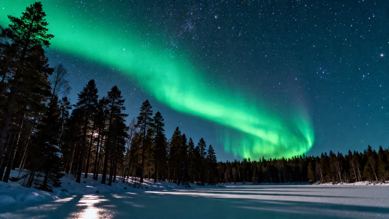 极光舞动雪夜森林图片