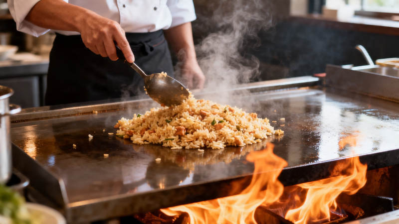 铁板炒饭 火焰升腾香四溢图片