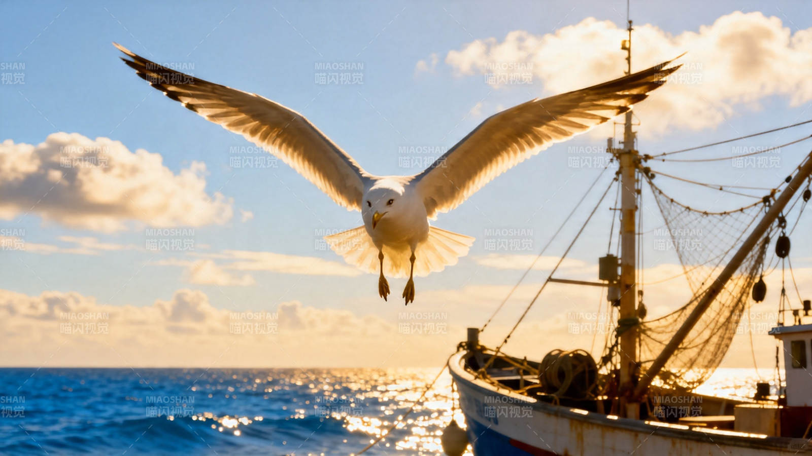 海鸥展翅 渔船归航图片