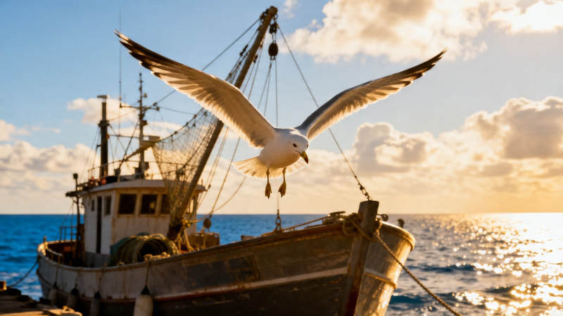海鸥掠过渔船 夕阳映海图片