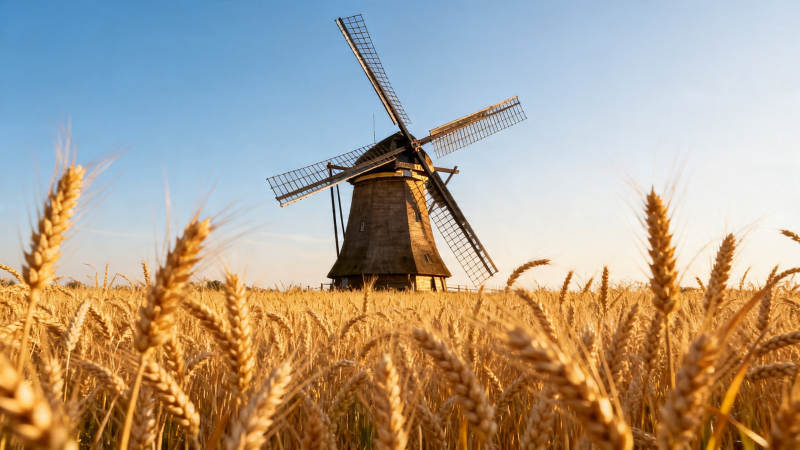 麦田风车 金色黄昏景图片