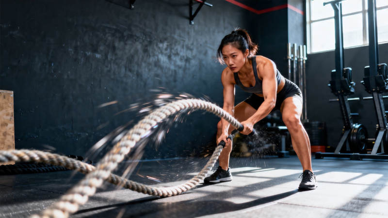 女子健身房甩战绳训练图片