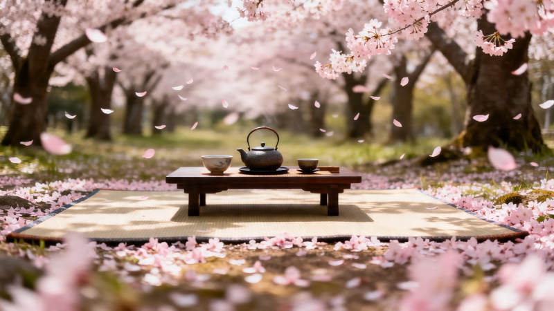 樱花树下品茶香图片