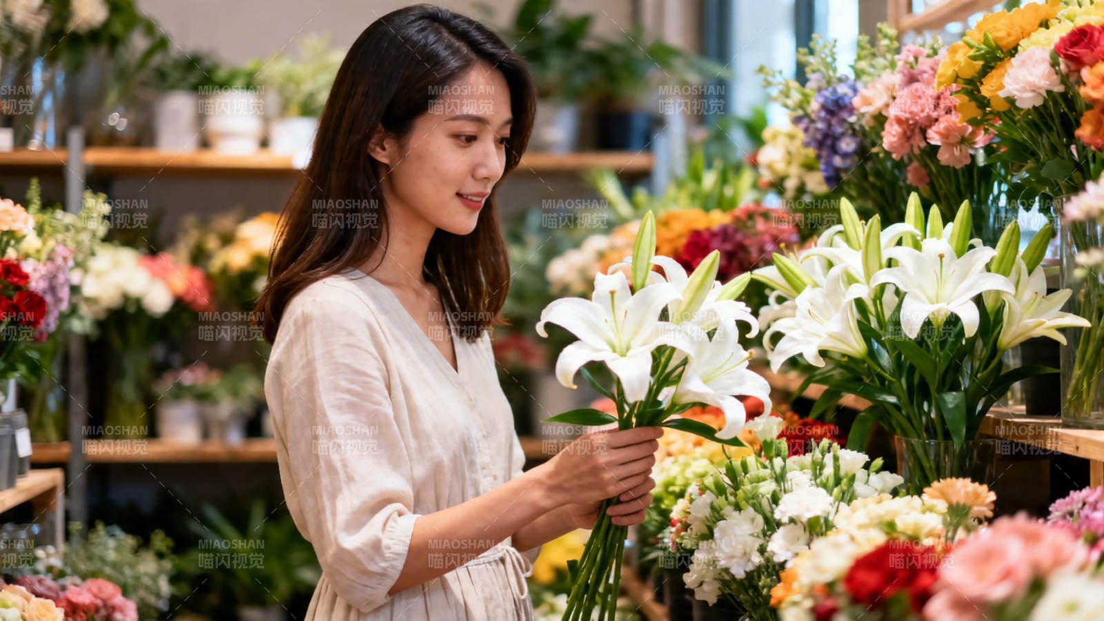 花店女子轻嗅白百合图片
