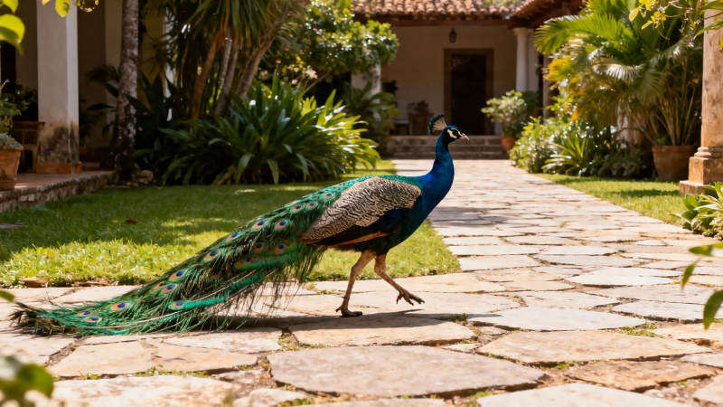 孔雀漫步庭院小径图片