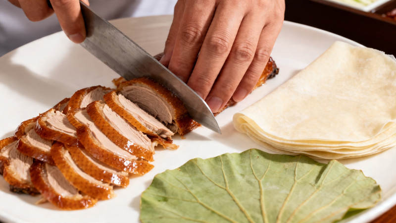 烤鸭切片配饼叶图片