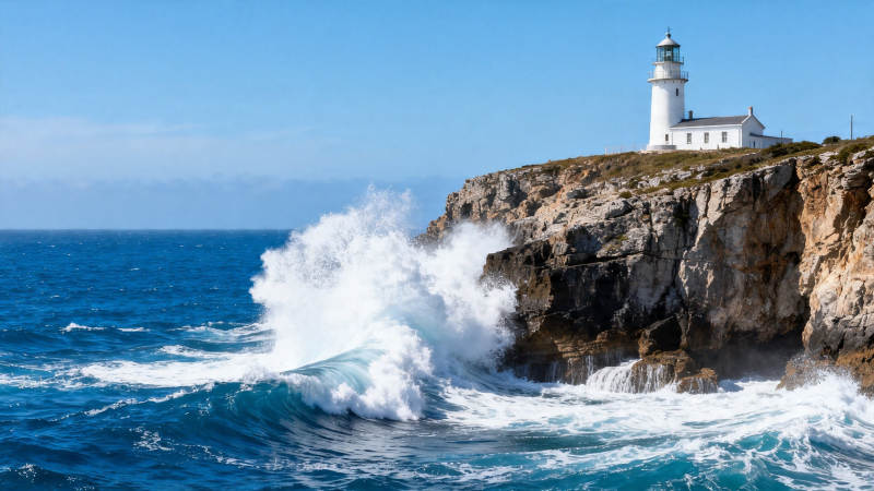 灯塔矗立 巨浪拍崖图片