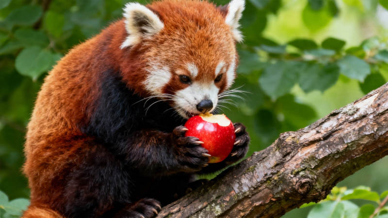 小熊猫树上啃红苹果图片