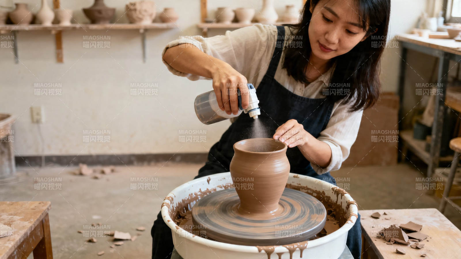 陶艺师喷水修坯中图片