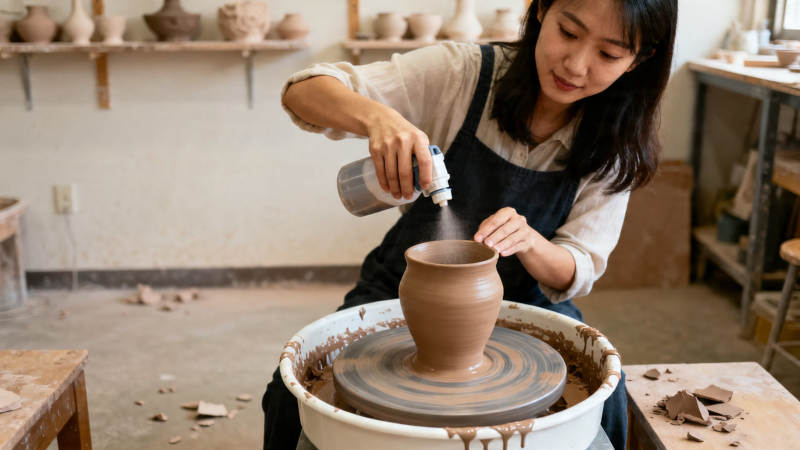 陶艺师喷水修坯中图片