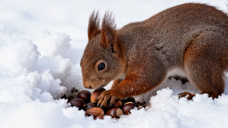 雪地里的小松鼠觅食坚果图片