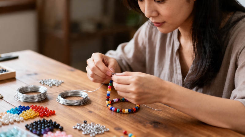 女子专注串珠做手工图片