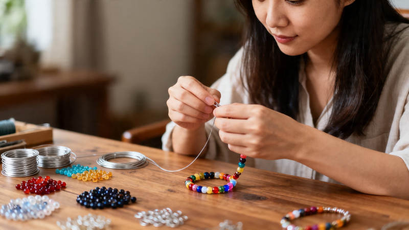 女子专注串珠做手链图片