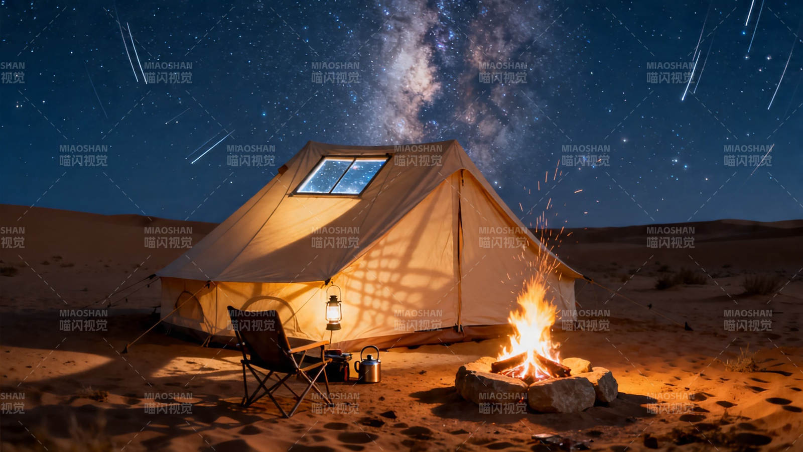 沙漠星空下的篝火帐篷夜图片