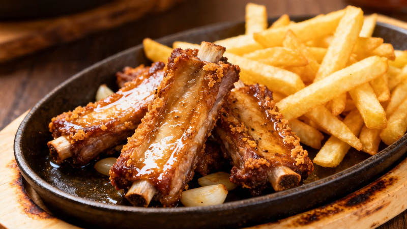 烤肋排配薯条 香脆诱人图片