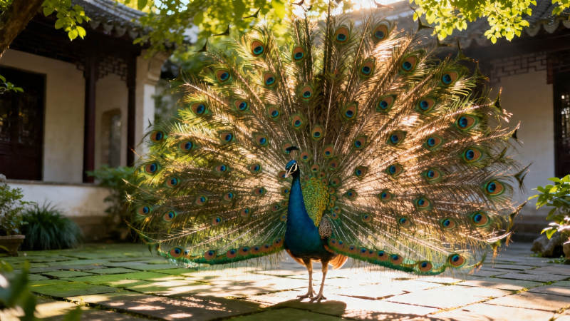 孔雀开屏映古院图片
