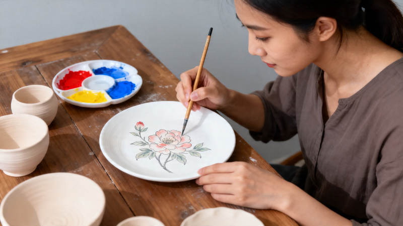 女子手绘瓷盘花艺图片