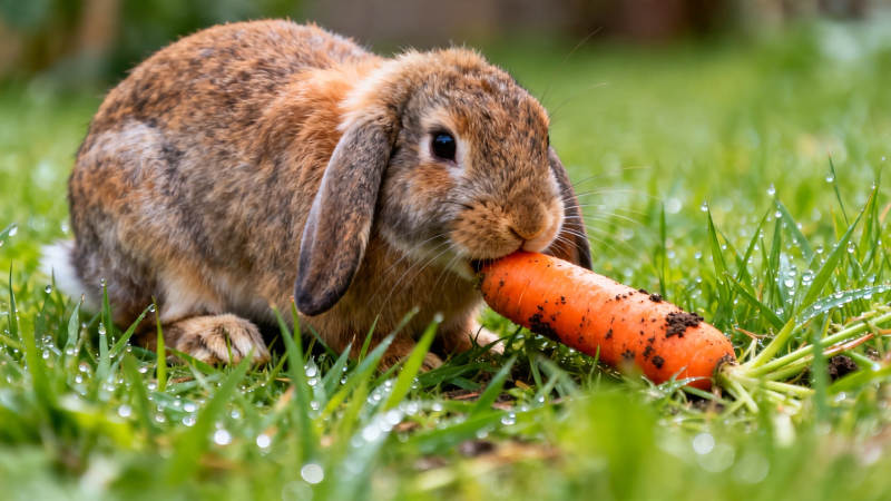 小兔啃胡萝卜 草地萌趣瞬间图片