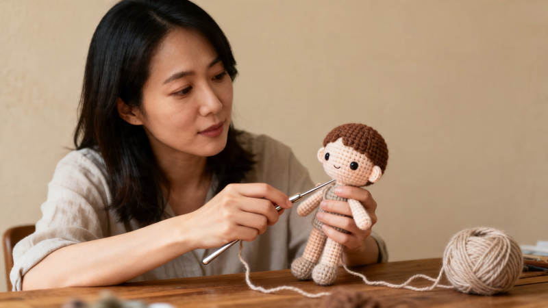 女子钩织小玩偶 温馨手作时光图片