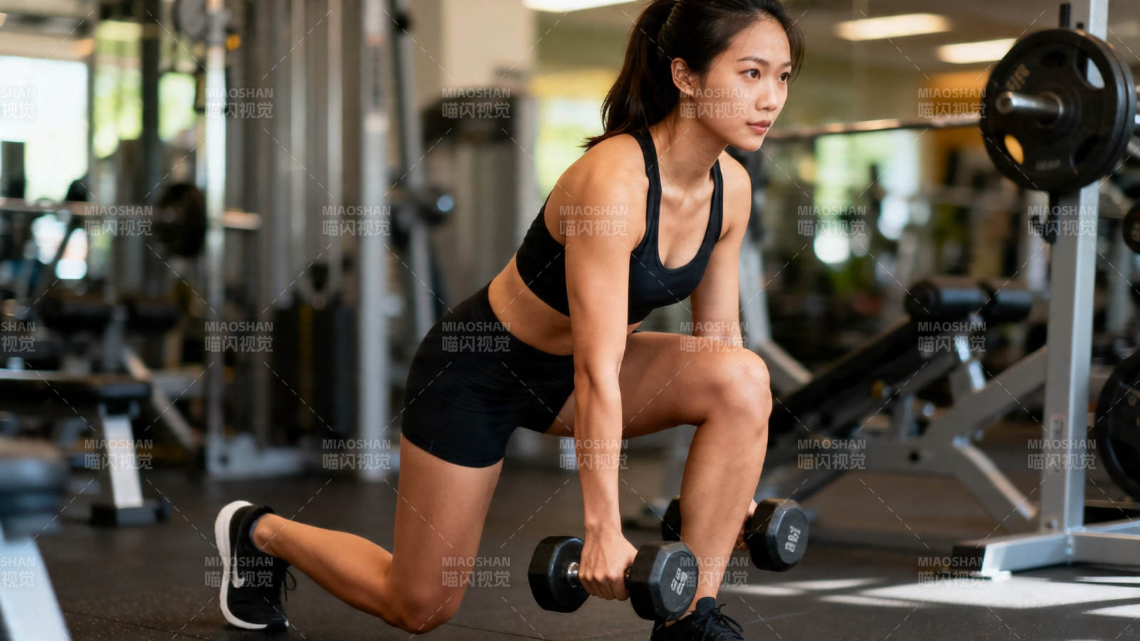 健身房女子哑铃弓步训练图片