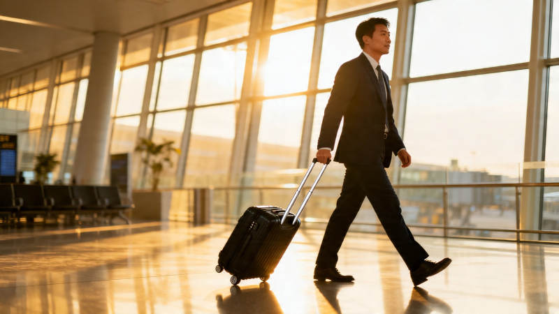商务男士拖箱行于机场大厅图片