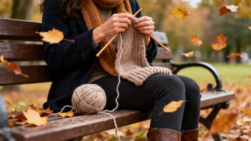 秋日长椅织毛衣图片