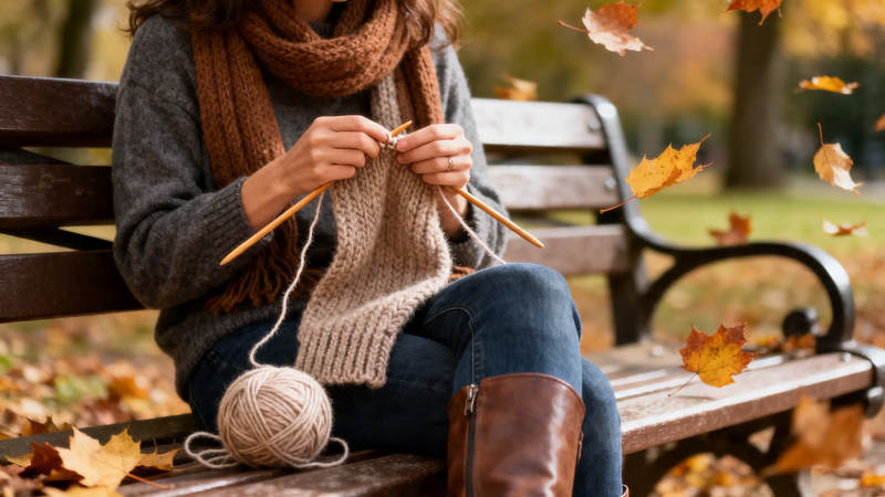 秋日长椅织暖衣图片