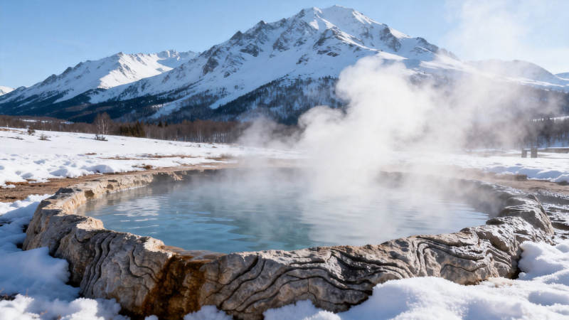 雪山下的温泉热气腾腾图片