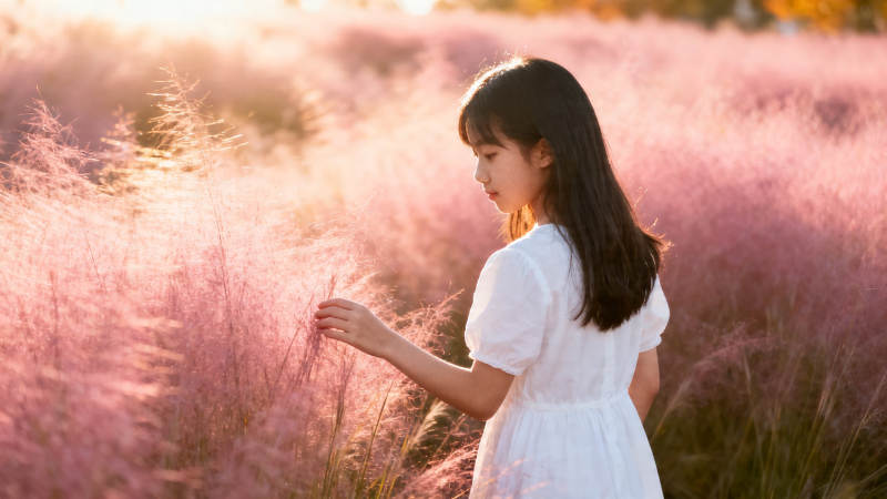 粉黛如梦 少女轻抚花穗图片