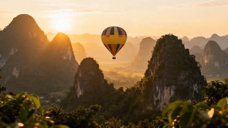 热气球飞越喀斯特晨景图片