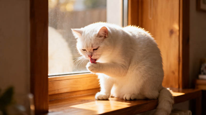 窗边白猫舔爪 暖阳相伴图片