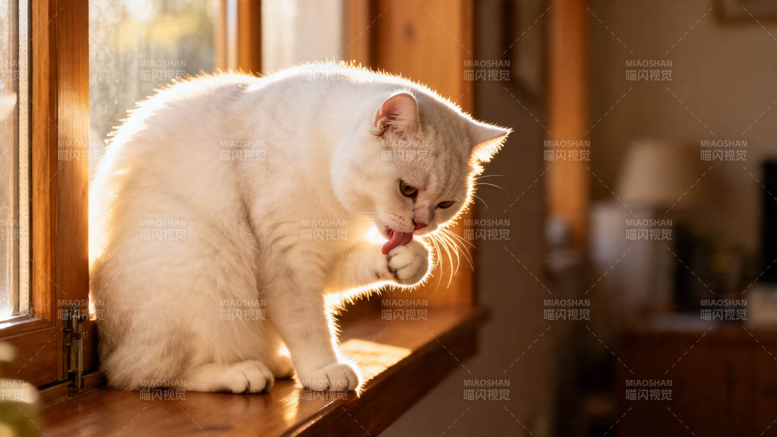 窗台白猫舔爪 暖阳相伴图片