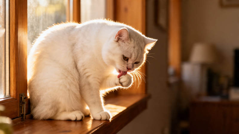 窗台白猫舔爪 暖阳相伴图片