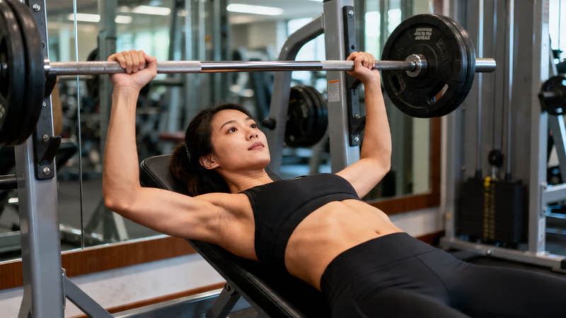 女子卧推杠铃健身图片