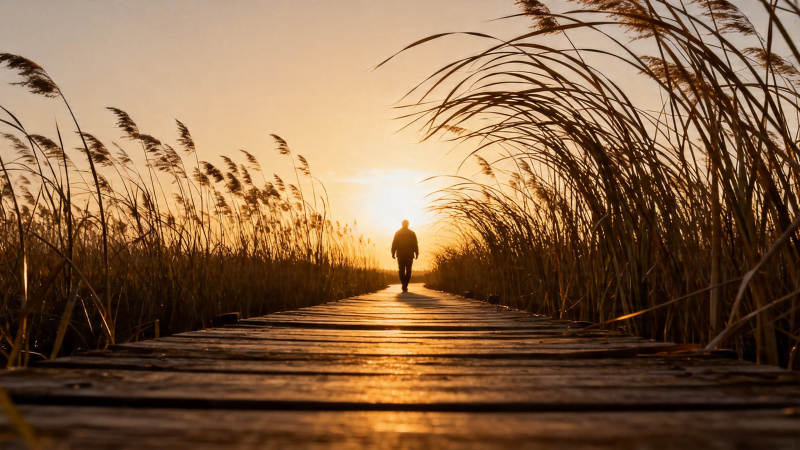 夕阳下 一人独行木栈道图片