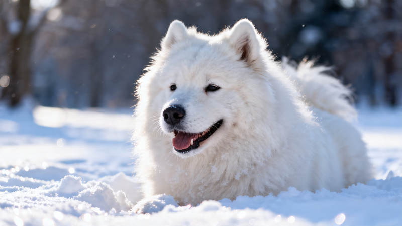 雪地里微笑的萨摩耶犬图片