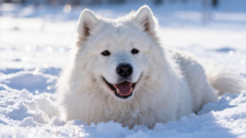 雪地里微笑的萨摩耶犬图片