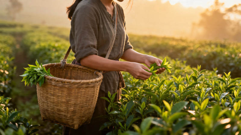 晨采茶香 篮满新绿图片
