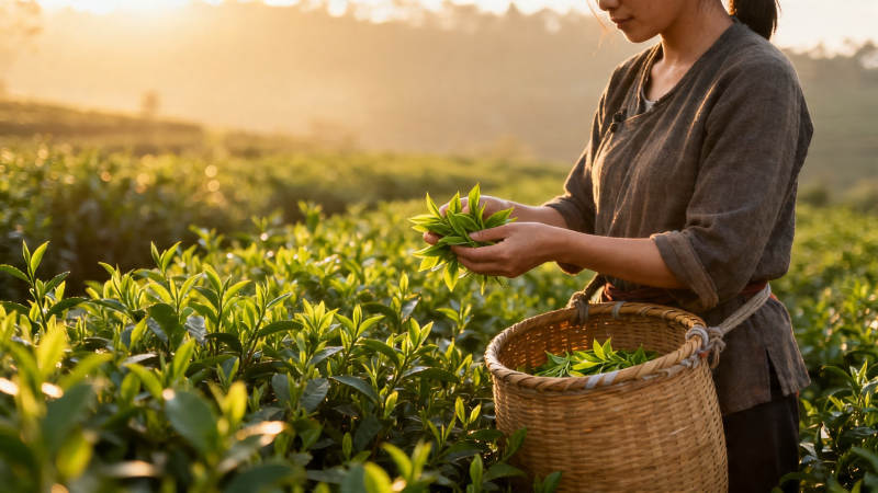晨采茶女 篮满新绿香图片