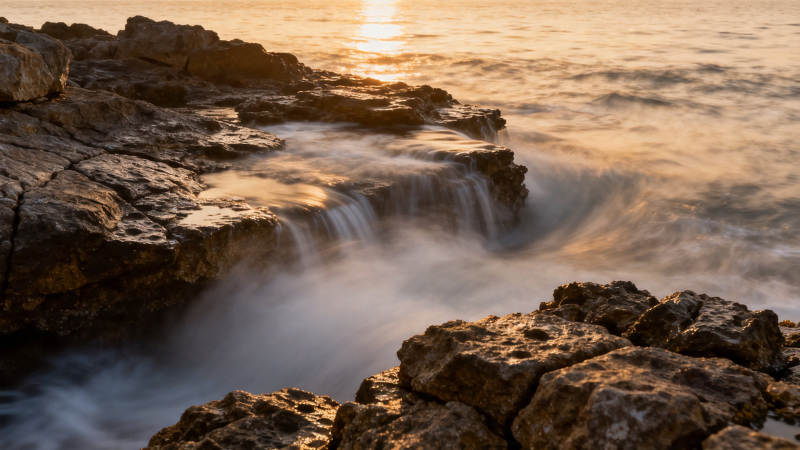 夕阳海浪拍礁石图片
