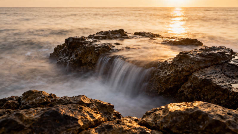 夕阳海浪拍礁石图片