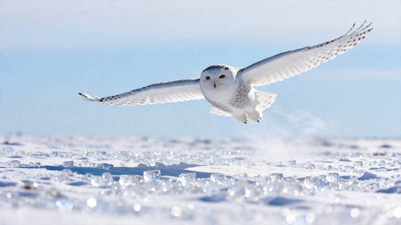 雪鸮展翅掠冰原图片