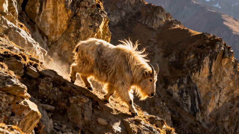 岩羊跃峭壁 风毛猎猎飞图片