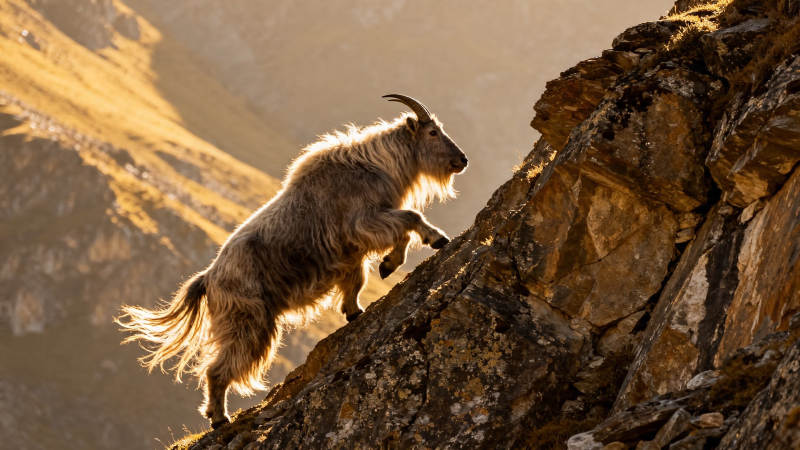 山羊攀岩 夕阳金辉照图片