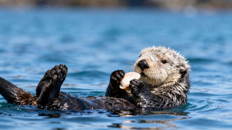 海獭浮水吃贝 萌态十足图片