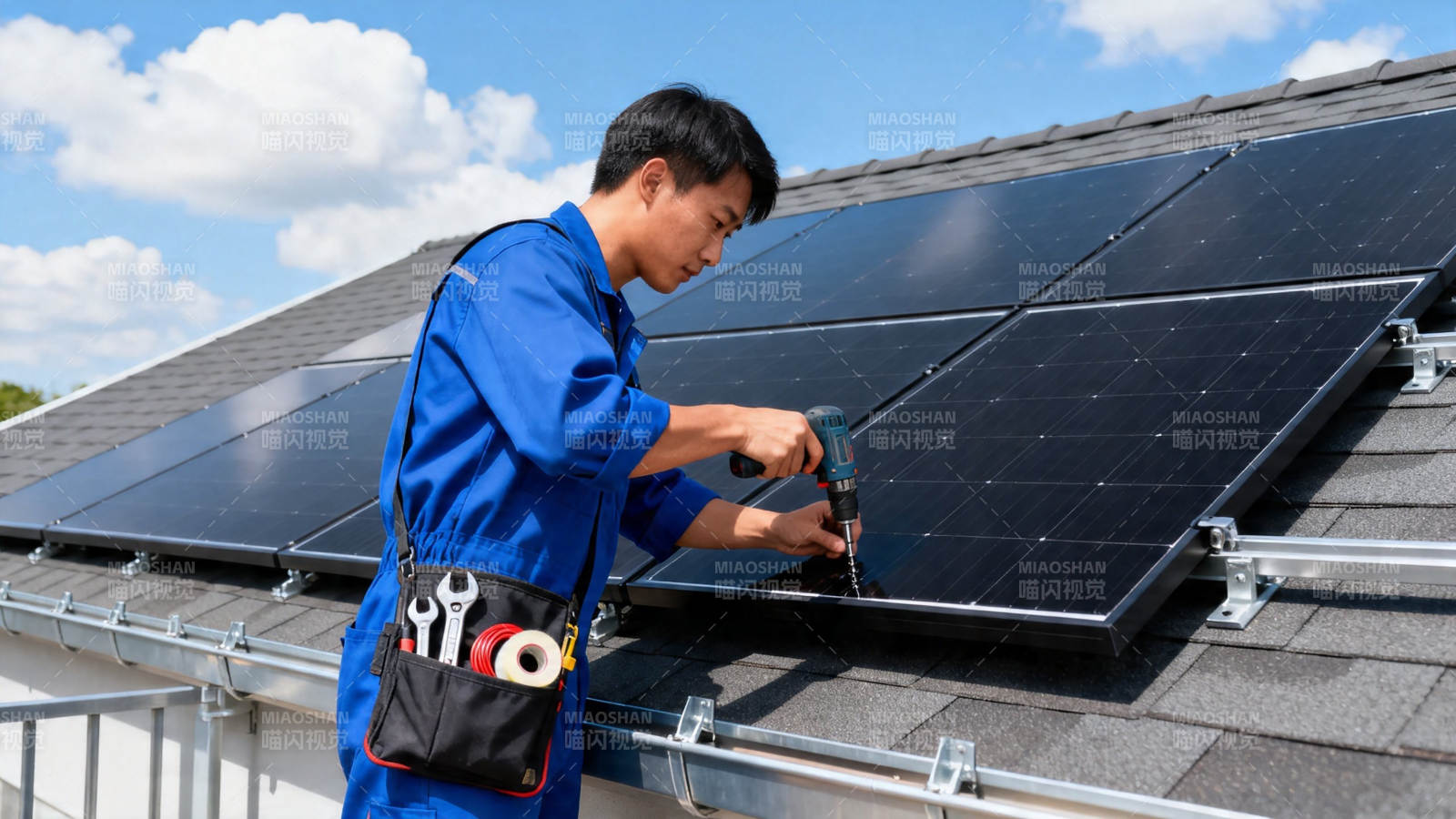 工人安装屋顶太阳能板图片