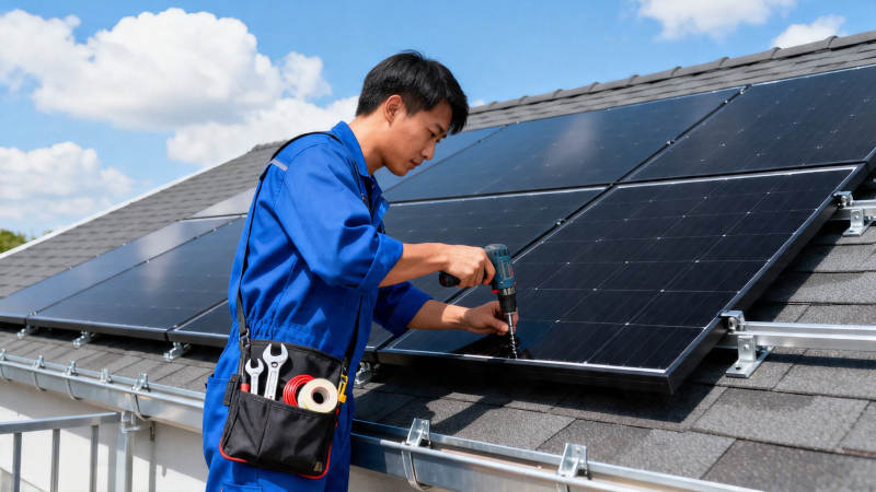 工人安装屋顶太阳能板图片