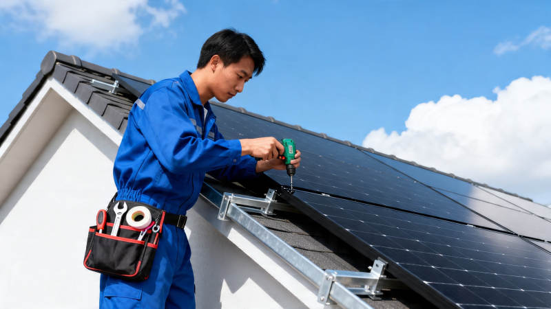 工人安装太阳能板图片